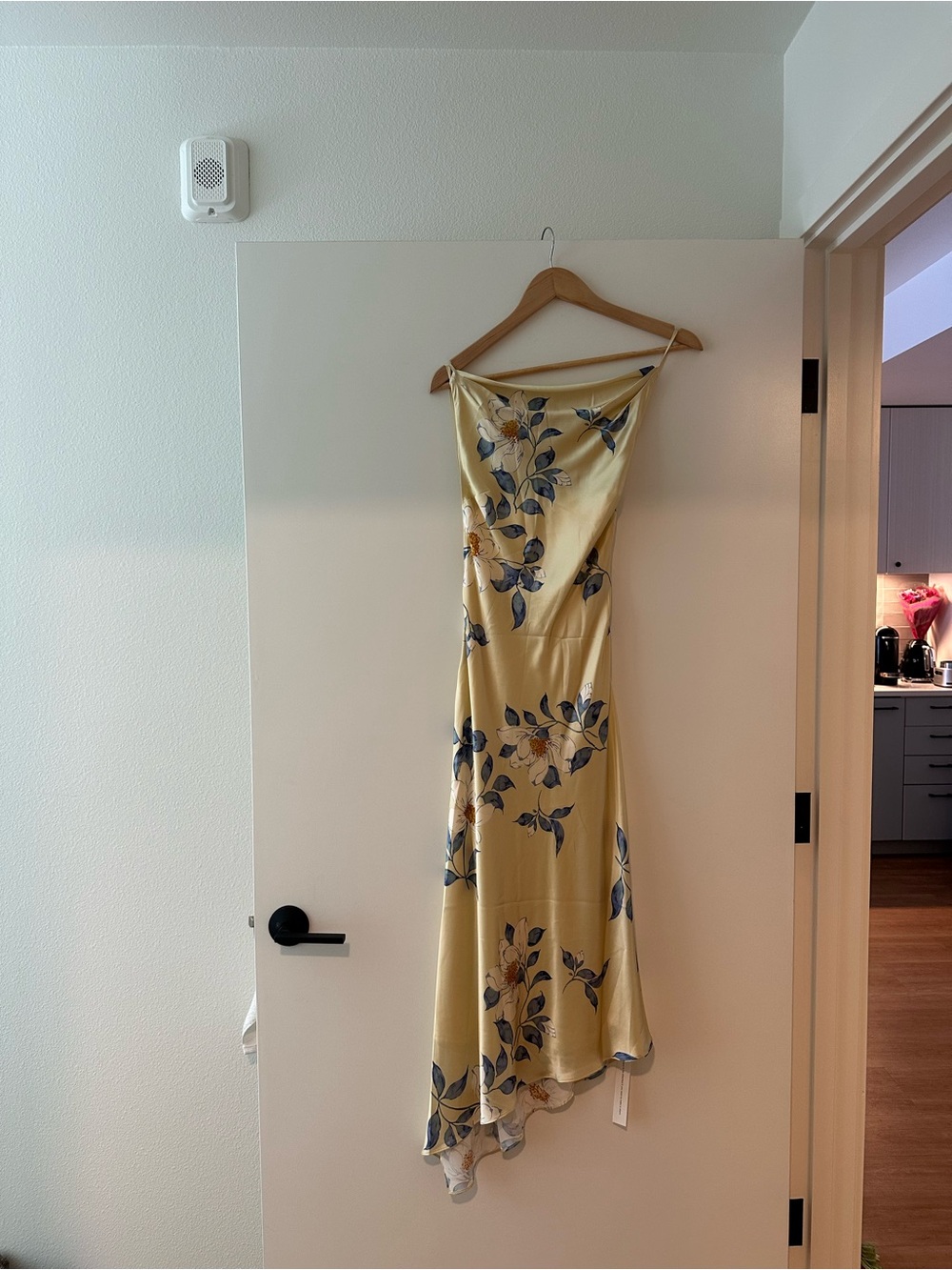 Reformation Yellow Slip Dress with Blue Floral Leaves